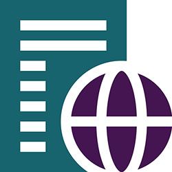 Graphic of a purple globe and a green document.