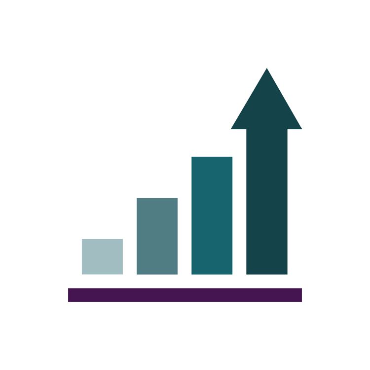 A bar chart with 4 bars. The smallest bar is the first bar, with each bar getting bigger until the last bar, which is the biggest and ends in an upward pointing arrow.
