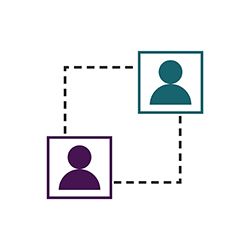 A graphic showing 2 people in boxes, connected by dotted lines, representing collaboration.